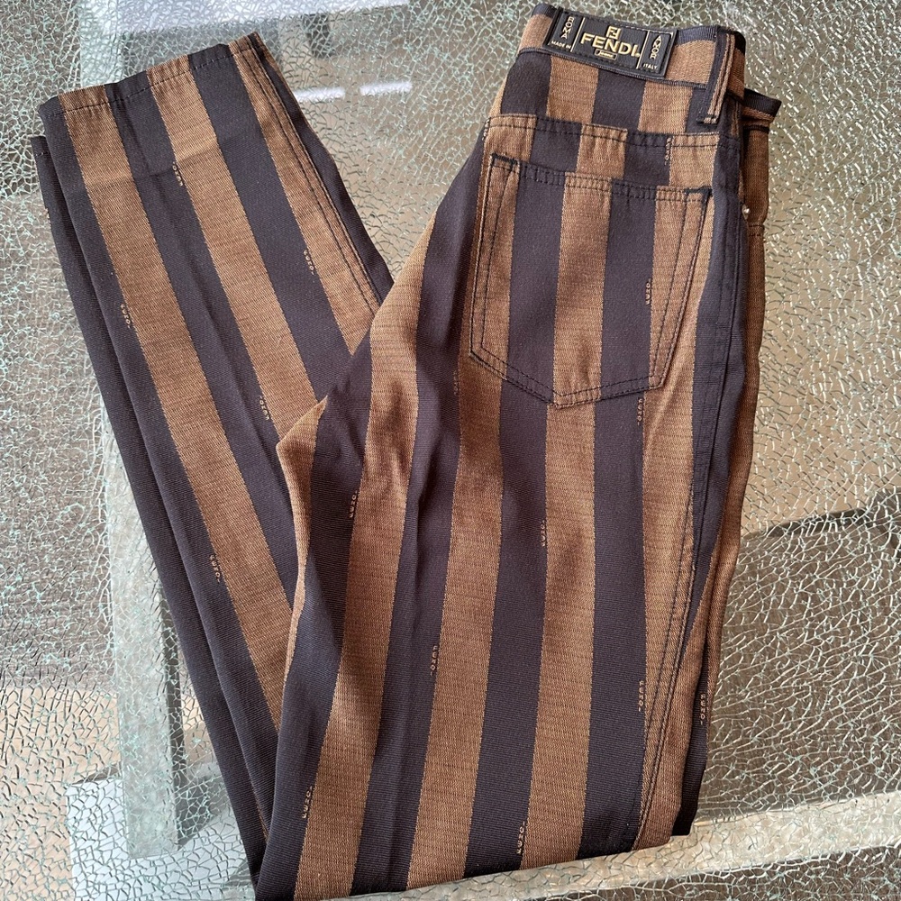 FENDI BROWN ON BROWN STILT LEG STRIPED DENIM PANT SEXY ROMA AMOR EUC - Picture 14 of 14